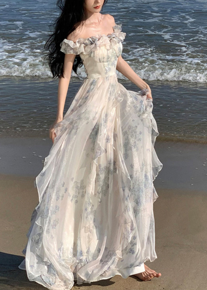 Ruffled Print Patchwork Chiffon Long Dresses Summer
