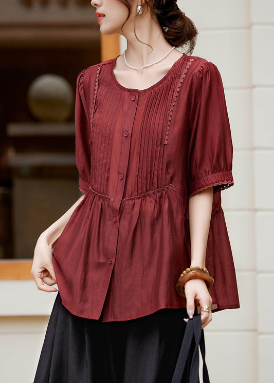 Rust Lace Patchwork Button Silk Shirt Summer