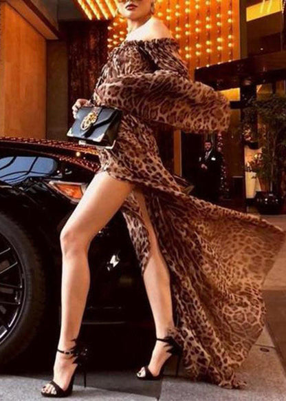 Slash Neck Backless Ruffled Leopard Print Side Open Long Dresses Flare Sleeve