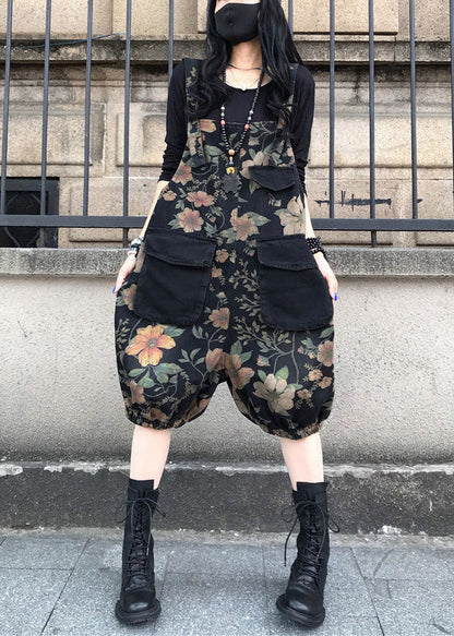 Slash Neck Print Patchwork Button Denim Jumpsuit Spring