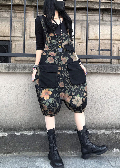Slash Neck Print Patchwork Button Denim Jumpsuit Spring