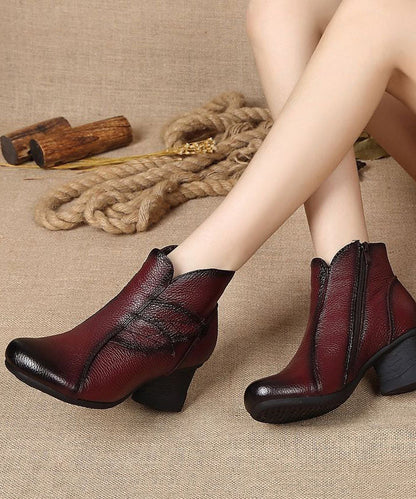 Splicing Chunky Boots Black Cowhide Leather