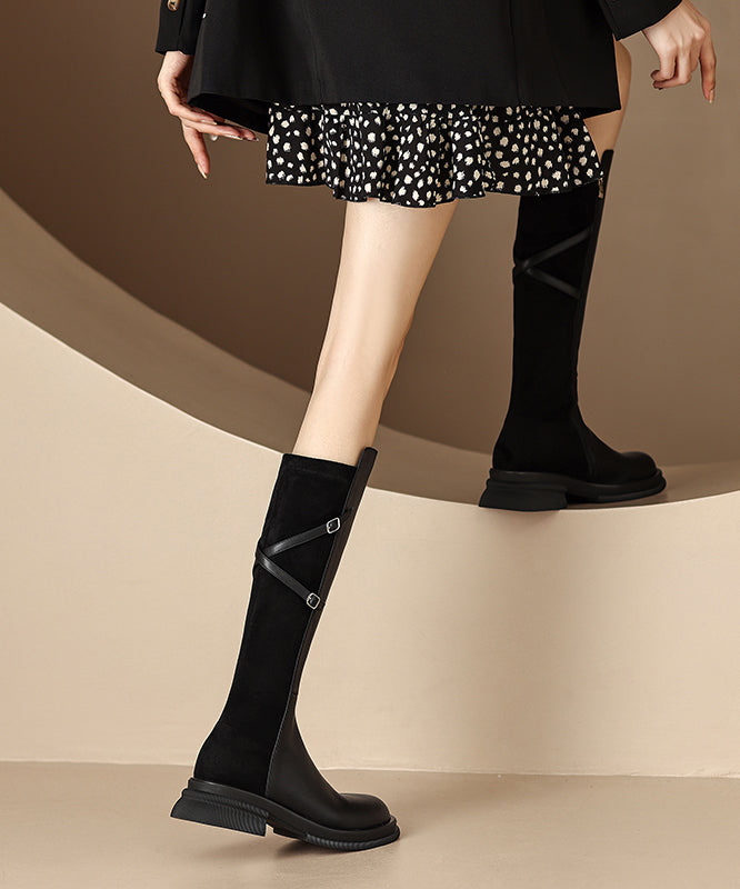 Splicing Chunky Long Boots Brown Cowhide Leather