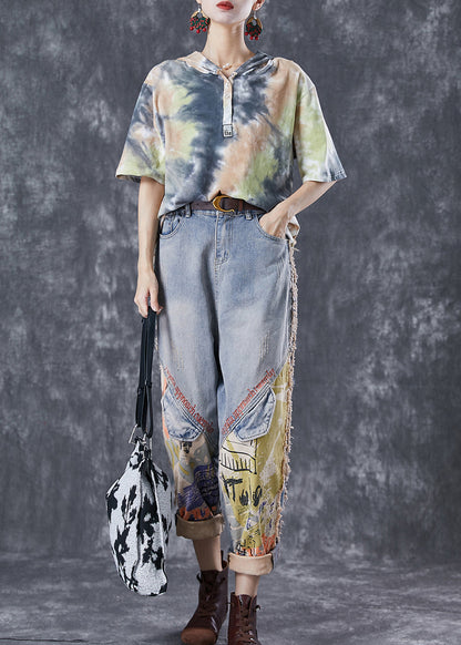 Tie Dye Patchwork Hooded Cotton Two Pieces Set Summer