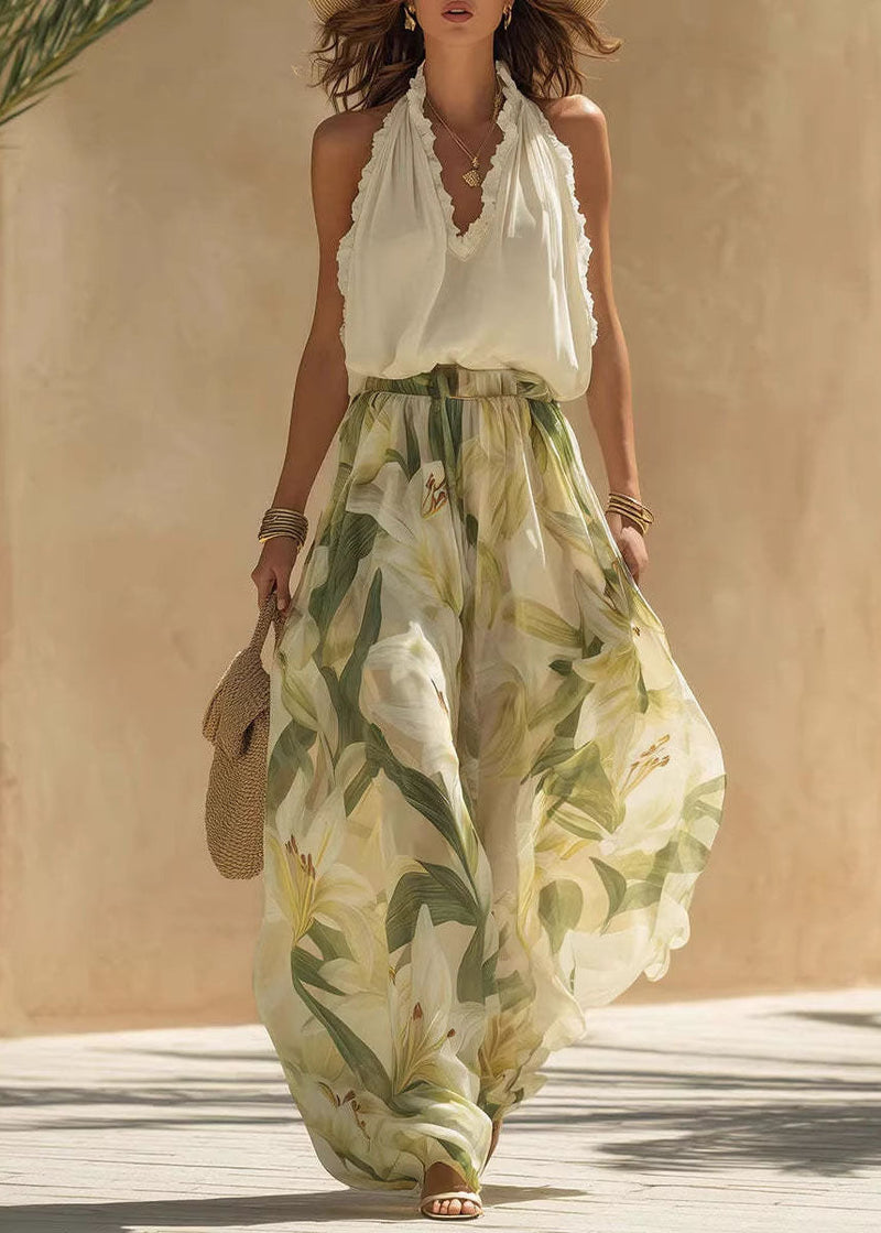 V Neck Ruffled Print Cotton Two Pieces Set Summer