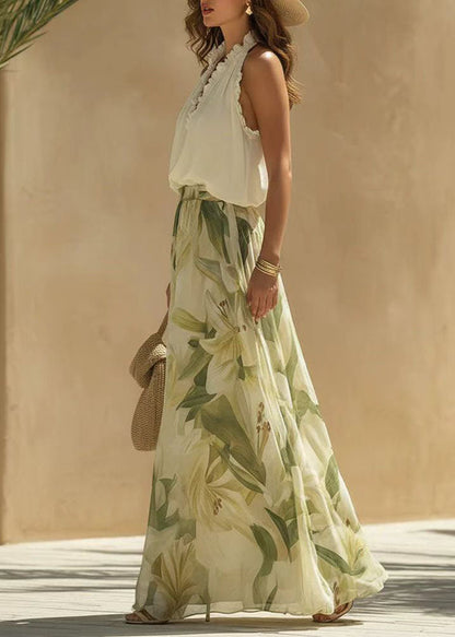 V Neck Ruffled Print Cotton Two Pieces Set Summer