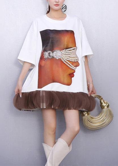 White Nail Bead Patchwork Cotton Mini Dress Summer