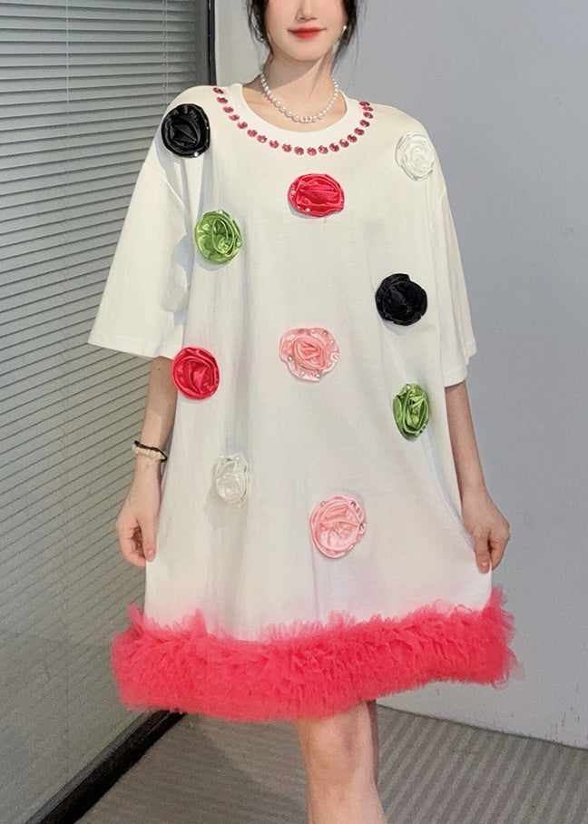 White O Neck Zircon Cotton Mid Dress Summer