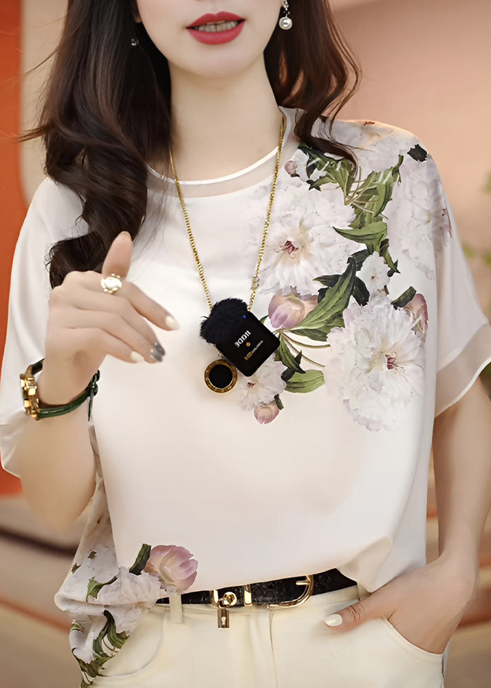 White O-neck Print Chiffon Blouses Summer