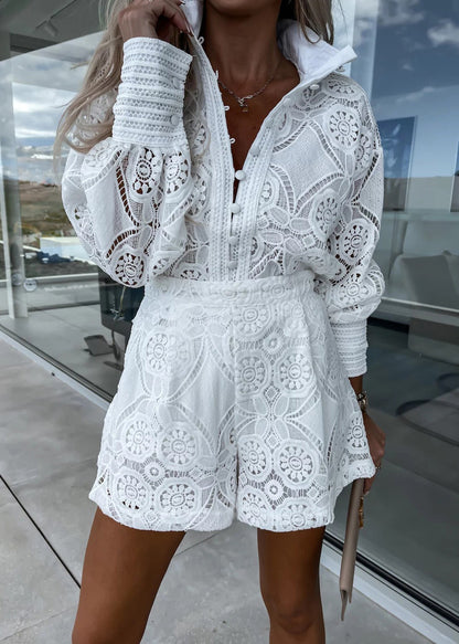 White Stand Collar Hollow Out Lace Two Pieces Set Summer