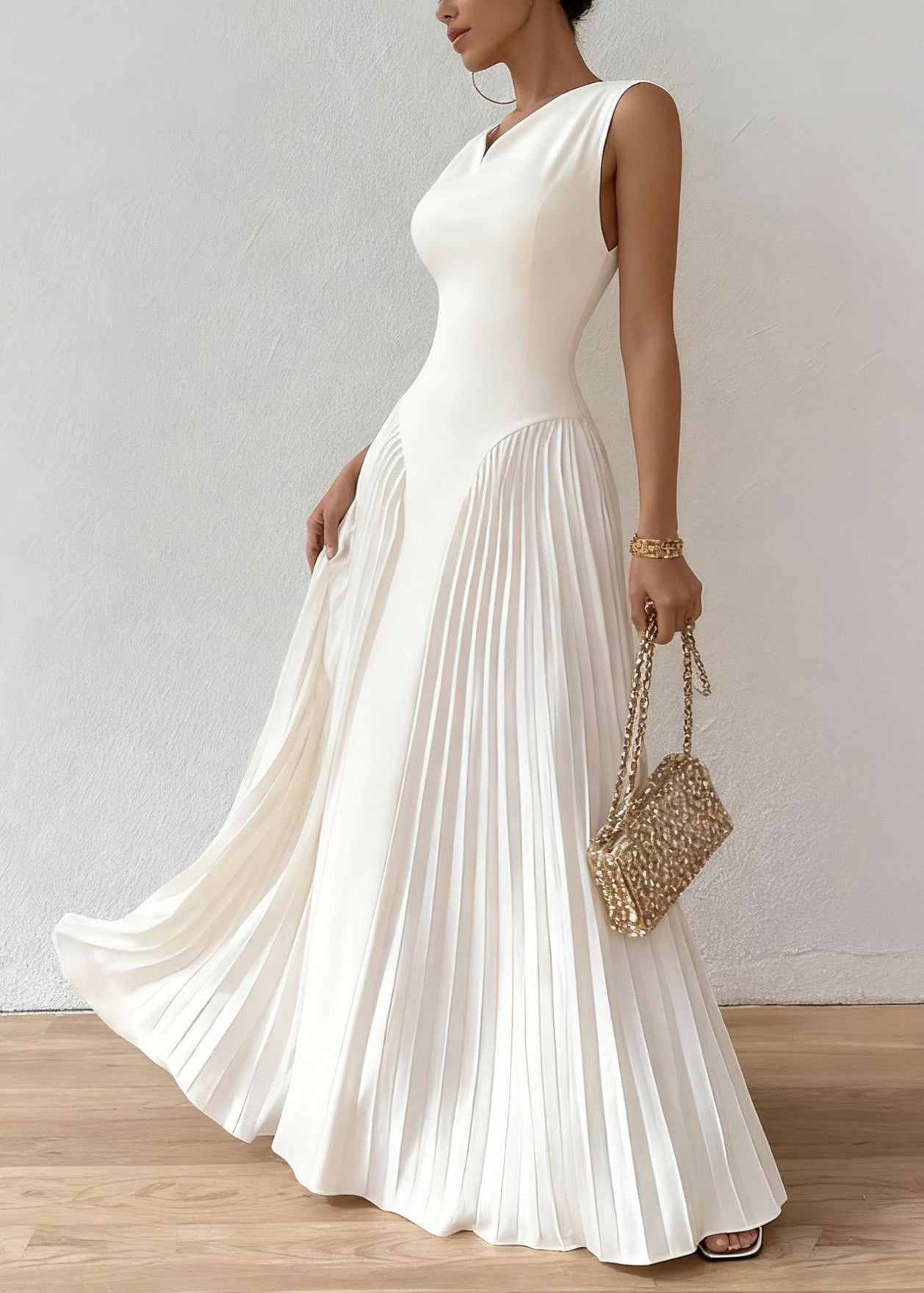 White Wrinkled High Waist Cotton Party Dress Summer