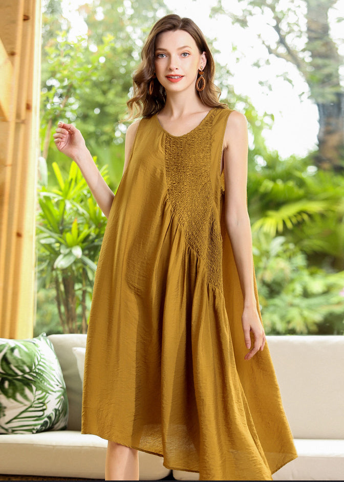 Yellow Asymmetrical Patchwork Wrinkled Cotton Dress Sleeveless