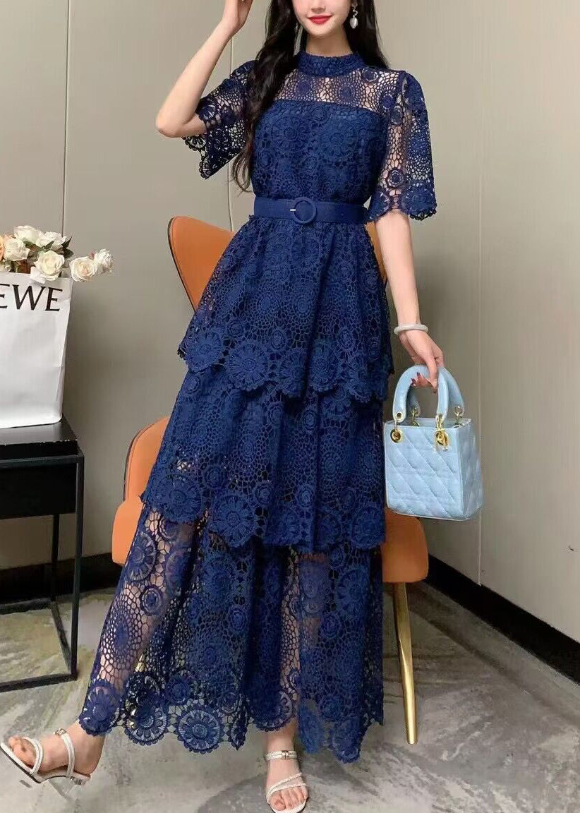 Yellow Embroidered Tie Waist Patchwork Lace Dress Summer