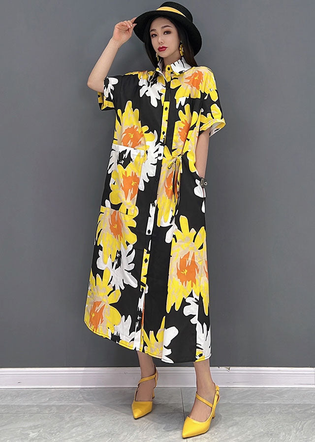 Yellow Peter Pan Collar Daisy Print Chiffon Holiday Dress Short Sleeve