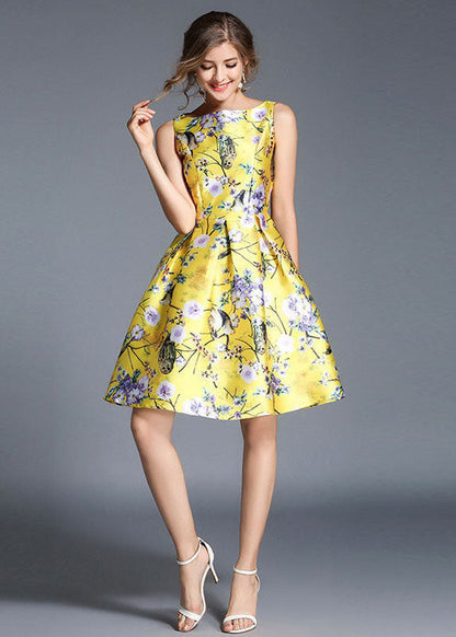 Yellow Print Wrinkled Patchwork Cotton Mid Dress Sleeveless
