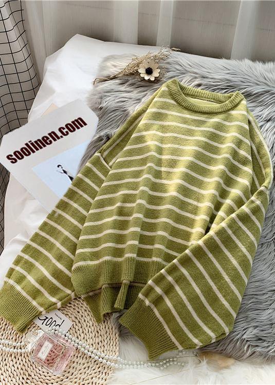 Beige Striped Sweaters O Neck Low High Design Sweater Blouse