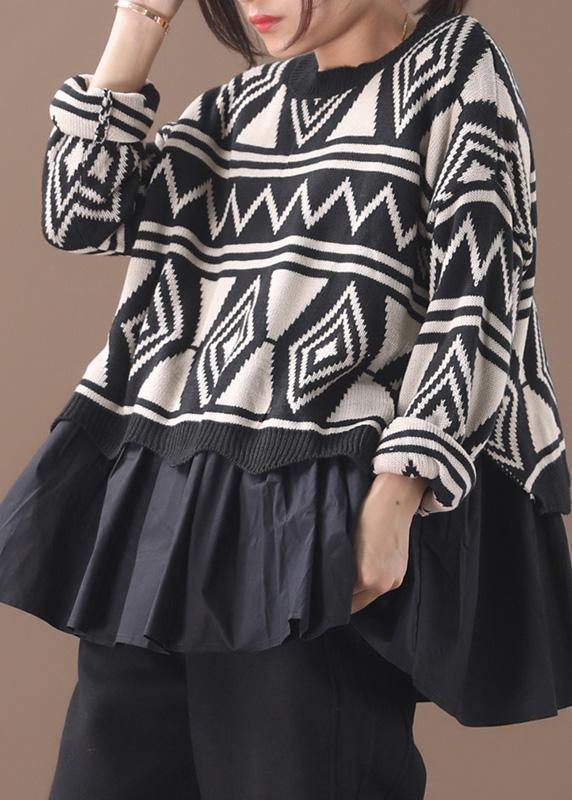 Black Sweater Blouse Patchwork Geometry Knitted Blouse