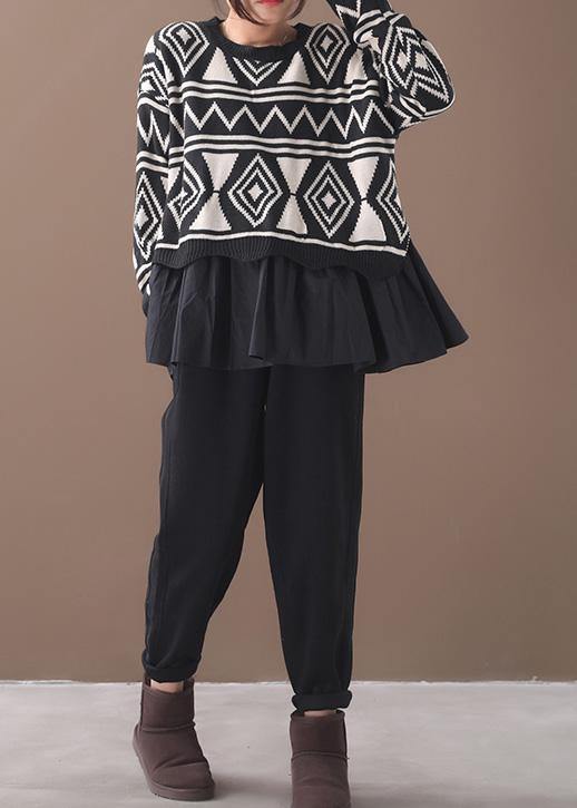 Black Sweater Blouse Patchwork Geometry Knitted Blouse