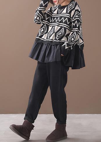 Black Sweater Blouse Patchwork Geometry Knitted Blouse