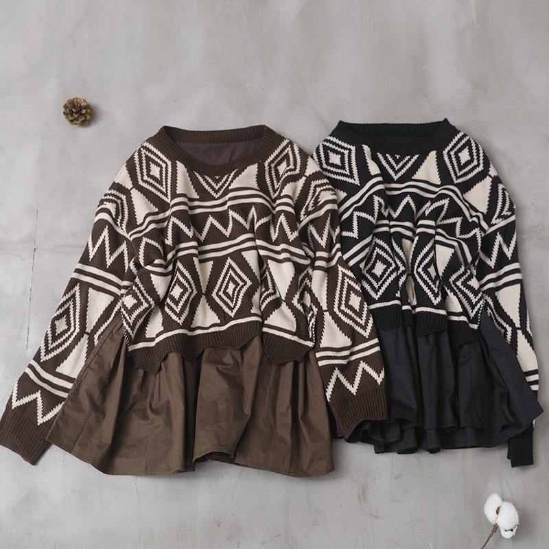 Black Sweater Blouse Patchwork Geometry Knitted Blouse
