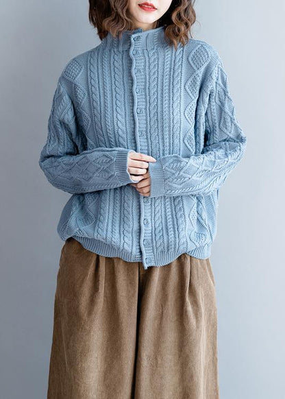 Blue Knit Tops High Neck Button Down Knit Sweat Tops