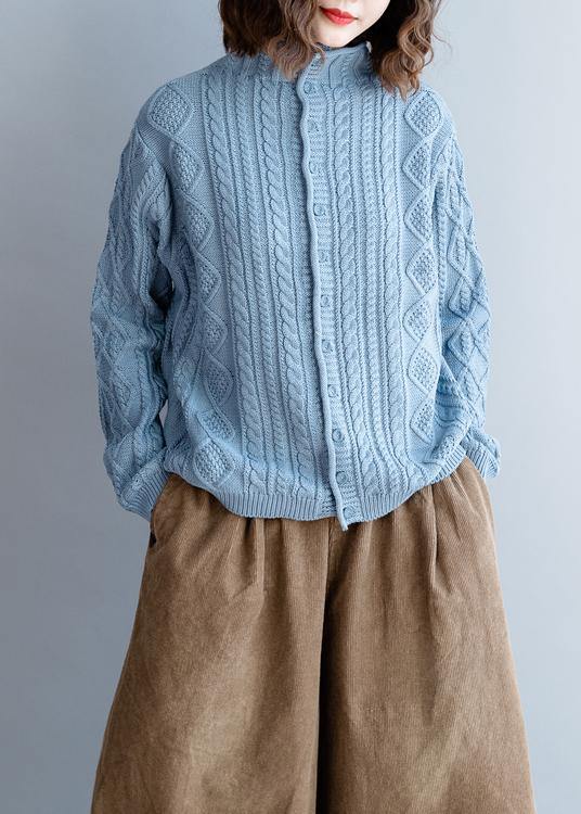 Blue Knit Tops High Neck Button Down Knit Sweat Tops