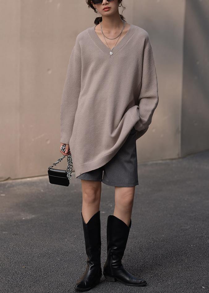 Brown Knit Blouse V Neck Loose Fitting Fall Knitted Blouse