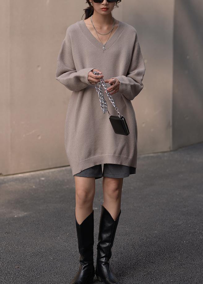 Brown Knit Blouse V Neck Loose Fitting Fall Knitted Blouse