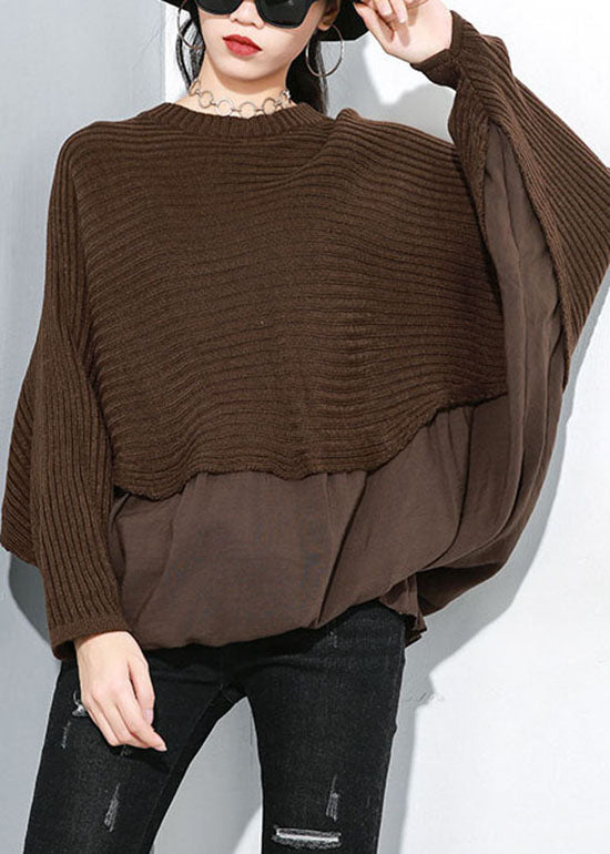 Chocolate O-neck Batwing Sleeve Patchwork Knit Top