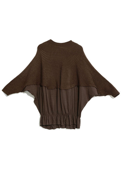 Chocolate O-neck Batwing Sleeve Patchwork Knit Top