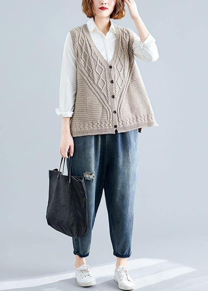 Fall Light Khaki Knit Tops Oversize Sleeveless Clothes for