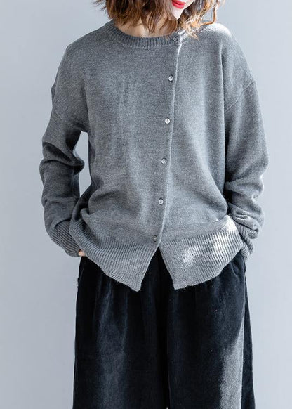 Gray Knitted Top O Neck Button Down Clothing Knit Sweat Tops
