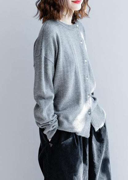 Gray Knitted Top O Neck Button Down Clothing Knit Sweat Tops
