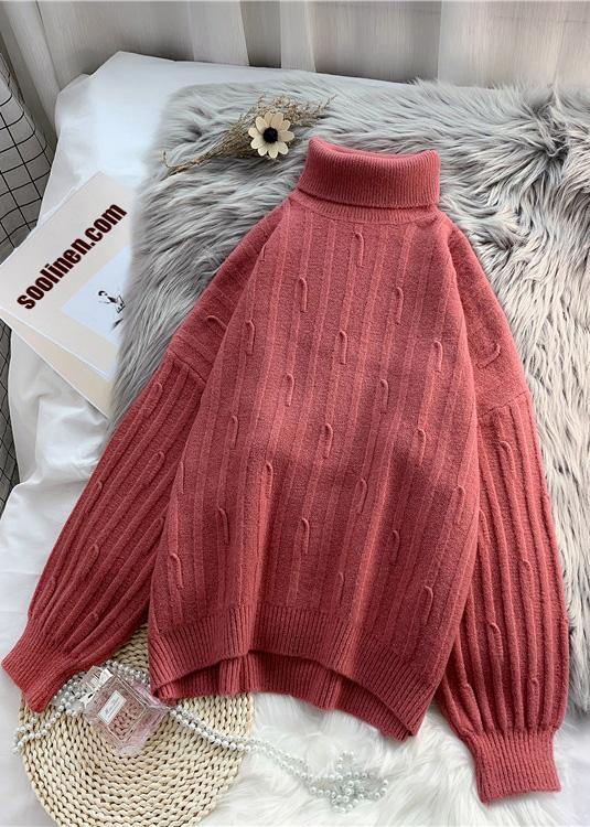 High Neck Purpke Redknit Tops Oversized Cable Knitted Top