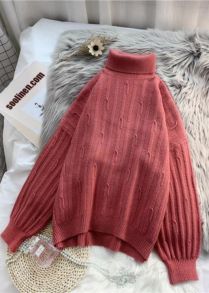 High Neck Purpke Redknit Tops Oversized Cable Knitted Top