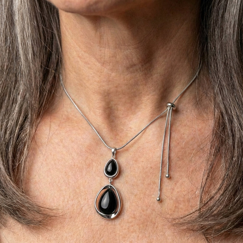 Black Stone Pendant Silver Necklace