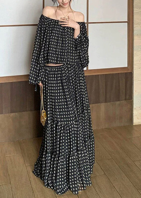 Fine Black Dot Print Top and Maxi Skirts Two Pieces Set Spring