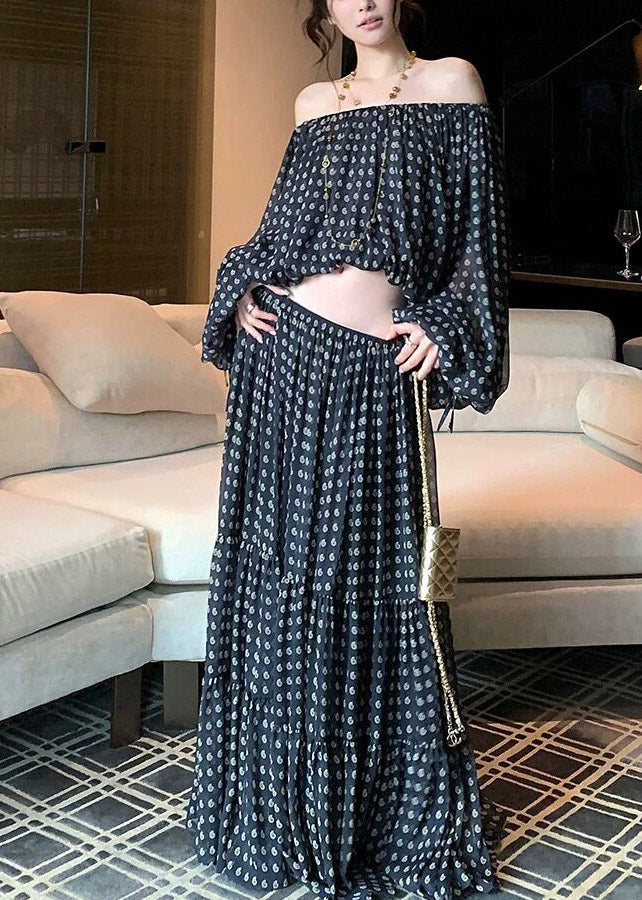 Fine Black Dot Print Top and Maxi Skirts Two Pieces Set Spring