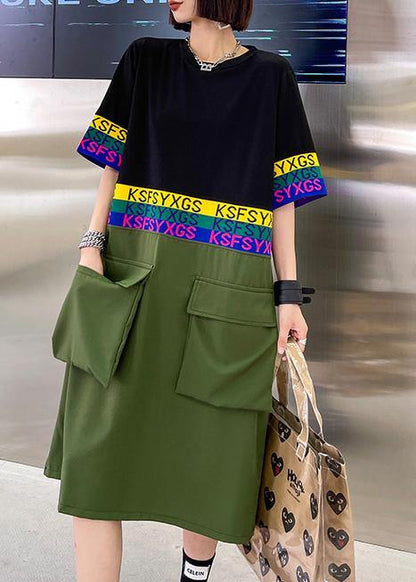 Fine Black Patchwork Green Pockets Holiday Summer Cotton Dress