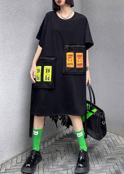Fine Black Patchwork Lace Pockets Ankle Summer Cotton Dress