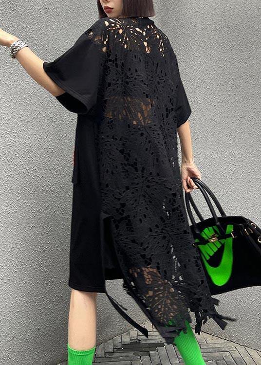 Fine Black Patchwork Lace Pockets Ankle Summer Cotton Dress