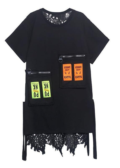 Fine Black Patchwork Lace Pockets Ankle Summer Cotton Dress