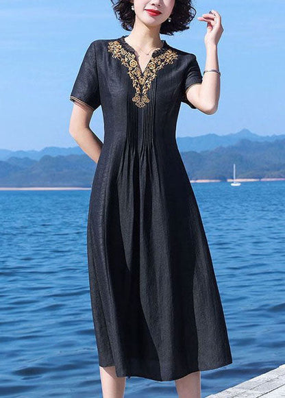 Fine Black V-neck Wrinkled Patchwork Embroideried Silk Dress Summer
