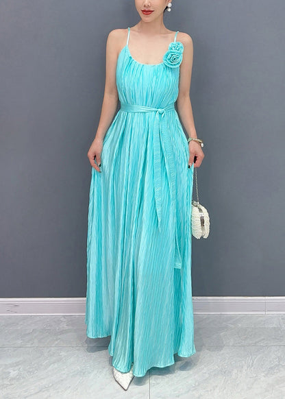 Fine Blue Cold Shoulder Silk Spaghetti Strap Dress Summer