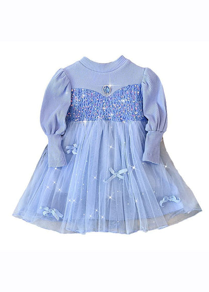 Fine Blue Knit Patchwork Sequins Diamond Tulle Long Dress Fall
