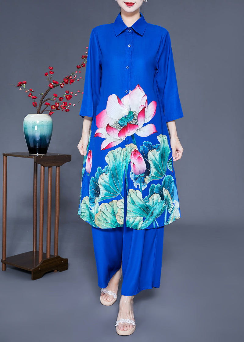 Fine Blue Peter Pan Collar Print Draping Silk Two Pieces Set Spring