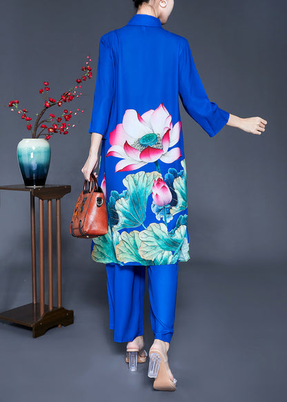 Fine Blue Peter Pan Collar Print Draping Silk Two Pieces Set Spring