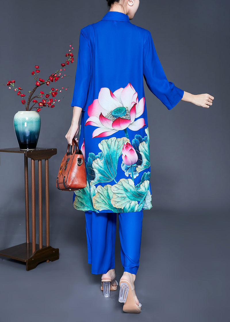 Fine Blue Peter Pan Collar Print Draping Silk Two Pieces Set Spring