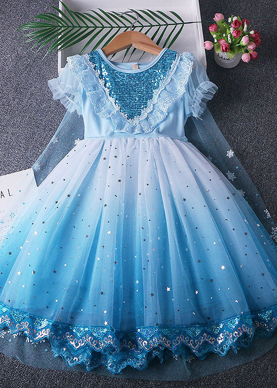 Fine Blue Ruffled Sequins Lace Patchwork Tulle Baby Princess Dress Summer