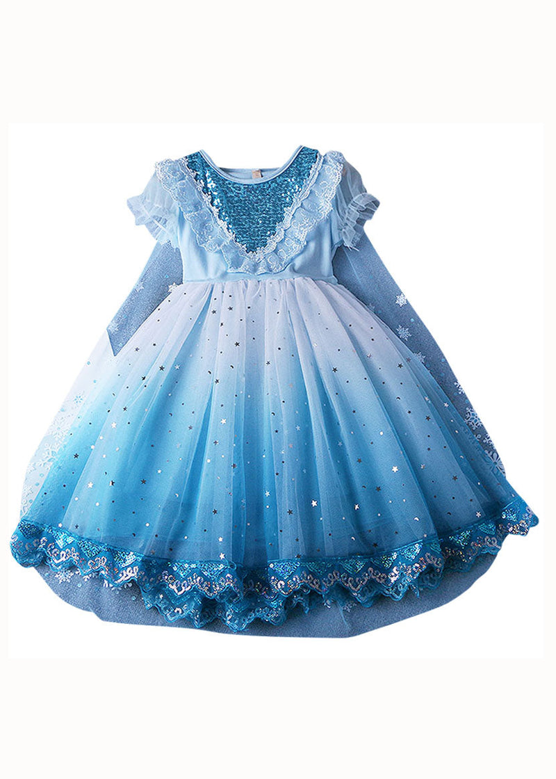 Fine Blue Ruffled Sequins Lace Patchwork Tulle Baby Princess Dress Summer
